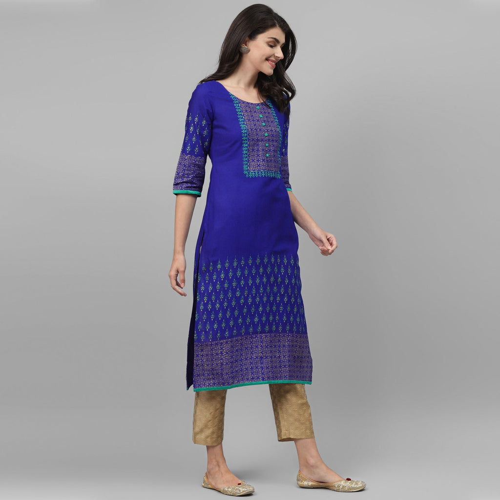 Maai Rayon Hand Printed Kurta Blue - Distacart