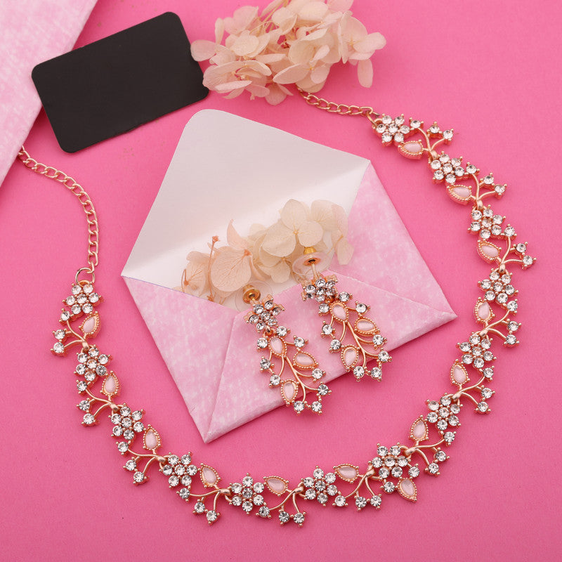 Tehzeeb Creations Brass, Stone, Crystal, Stainless Steel Gold-Polished Pink Jewel Set