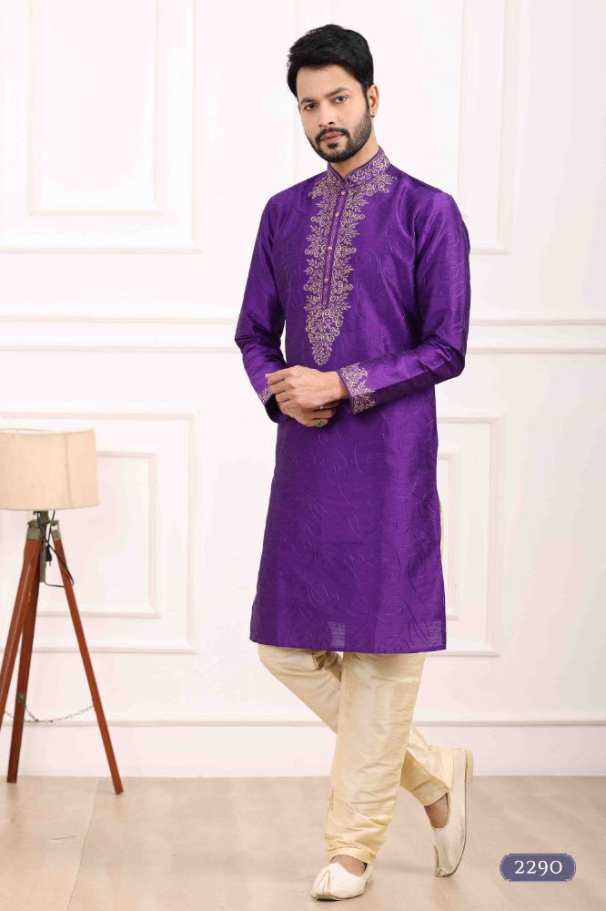 Raivat Ethnic Art Banarasi Silk Thread Work Kurta Pajama In Purple Colour