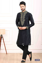 Raivat Ethnic Art Banarasi Silk Thread Work Kurta Pajama In Black Colour