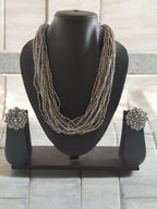 Inhanns Vibrant Handmade 20 Layers Beaded Necklace With Matching Earrings - Gray