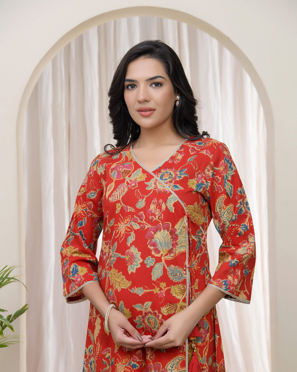 Vaasva Women Red Cotton Angrakha Kurta