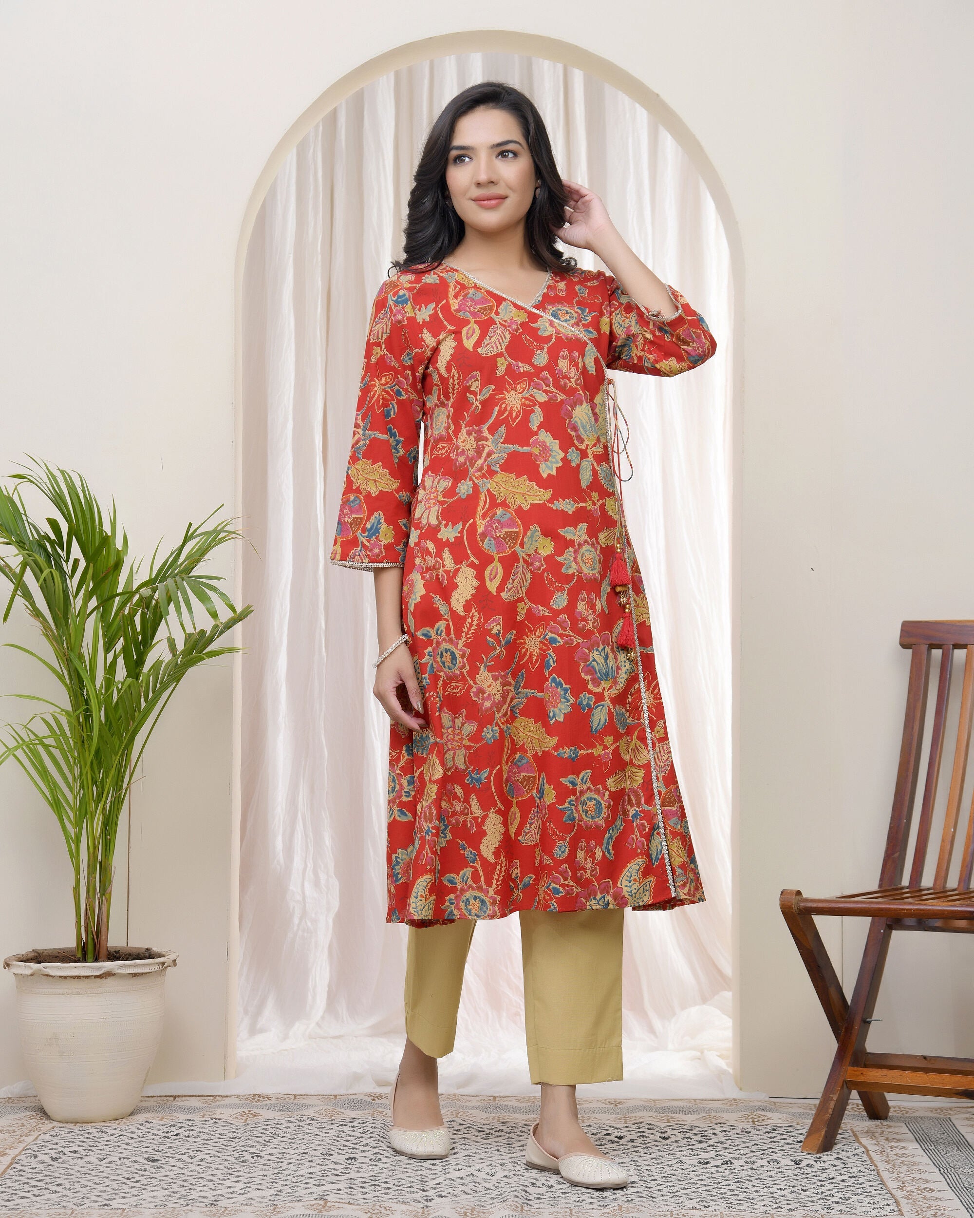 Vaasva Women Red Cotton Angrakha Kurta