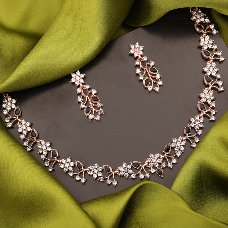 Tehzeeb Creations Brass, Stone, Crystal, Stainless Steel Gold-Polished Black Jewel Set