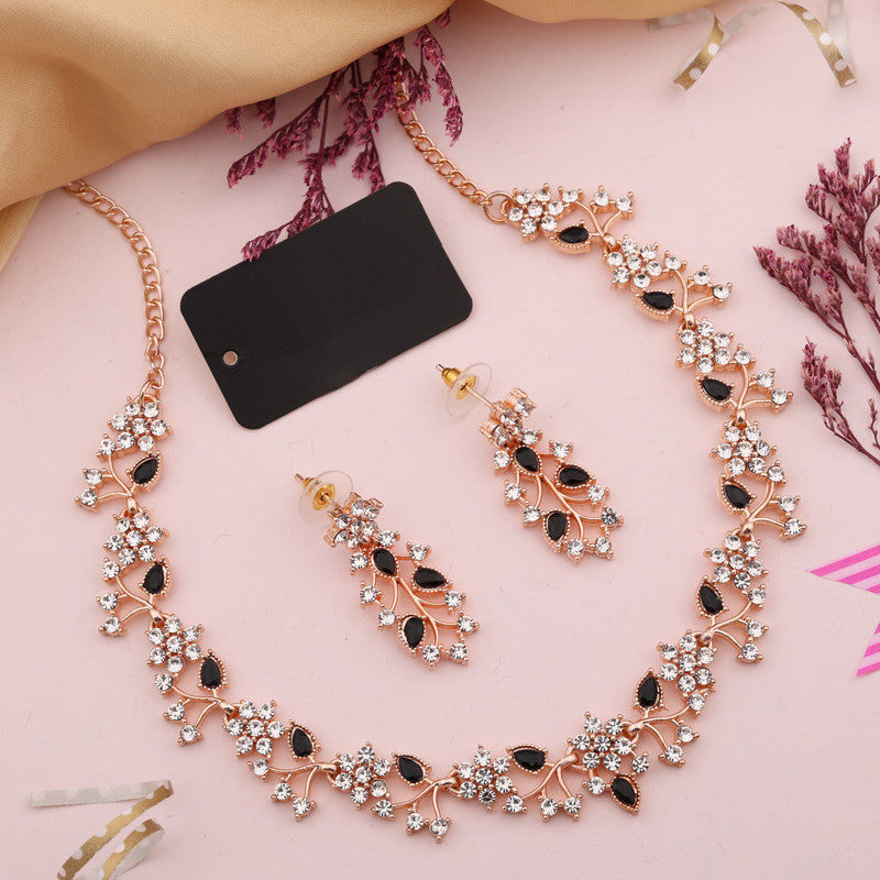 Tehzeeb Creations Brass, Stone, Crystal, Stainless Steel Gold-Polished Black Jewel Set