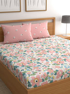 CHHAVI INDIA Pink & Blue Floral 210 TC Bedsheet with Pillow Covers - Distacart