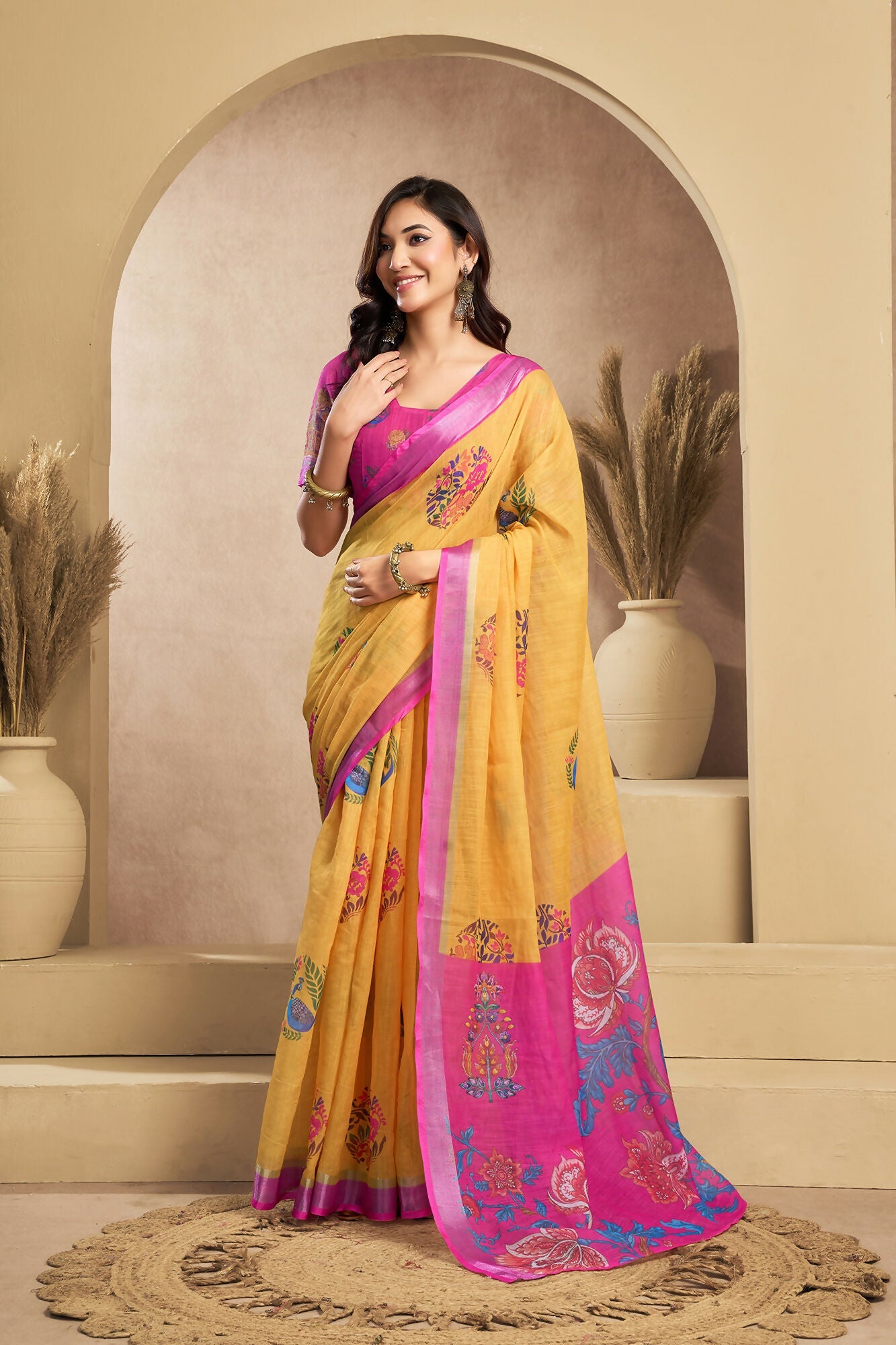 Vastranavya Mustard Digital Printed Linen Ready To Wear Designer Saree with Unstitched Blouse - Distacart