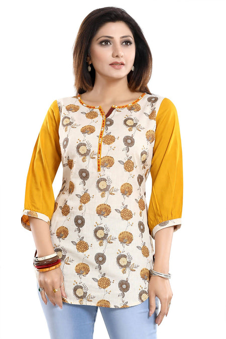 Snehal Creations Cream Cotton Printed Apple-Cut Short Tunic