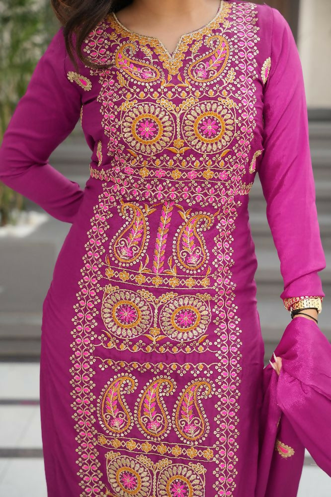 Joban Fashion Magenta Kurta Set Silk Sequins , Zari, Coding & Thread Embroidered work - Distacart
