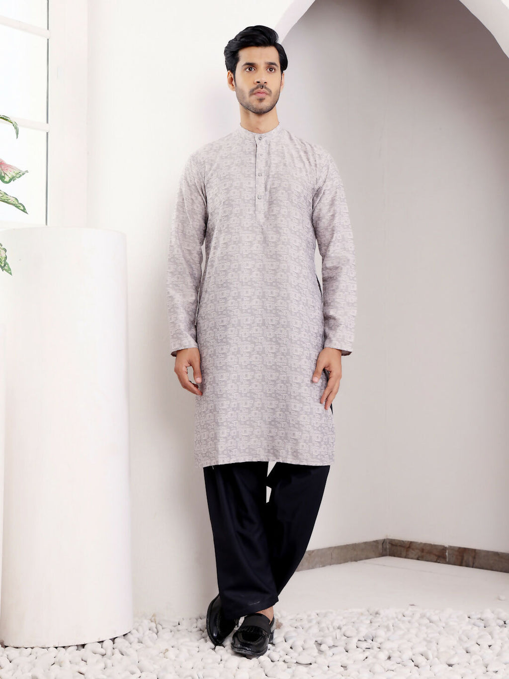 Light Grey Viscose Woven Jacquard Work Men's Kurta - Mahotsav