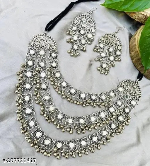 Tehzeeb Creations Women's Silver Colour Oxidised Necklace Set With Mirror Design