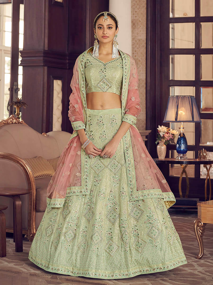 Myra Pista Green Crepe Embroidered Lehenga