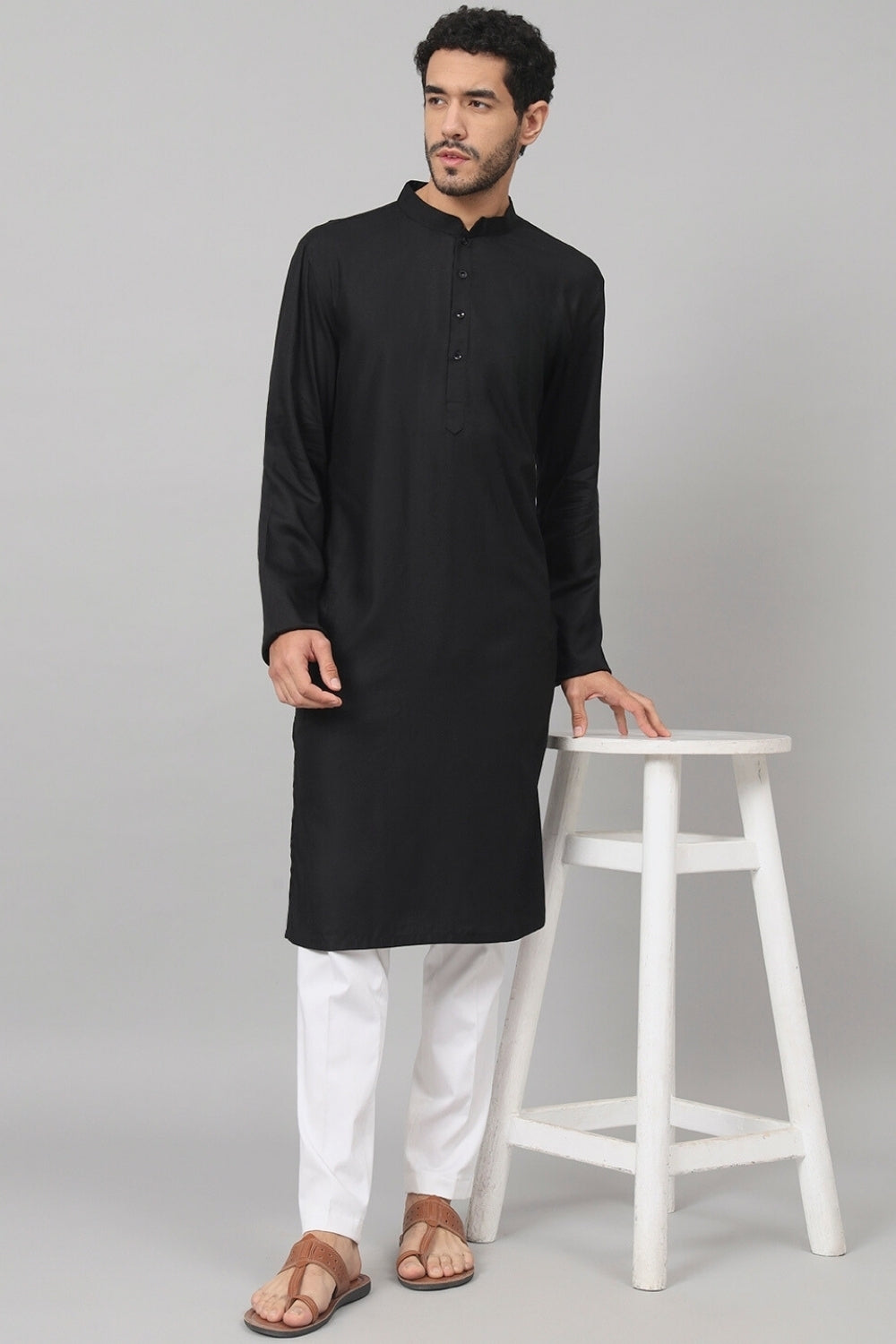 Giza Cotton Black Plain Kurta by Hilo Design