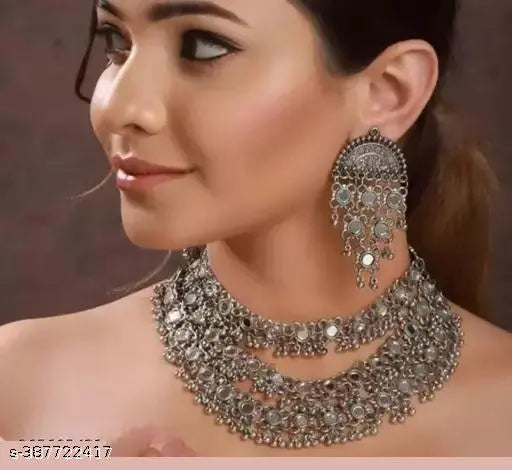Tehzeeb Creations Women's Silver Colour Oxidised Necklace Set With Mirror Design