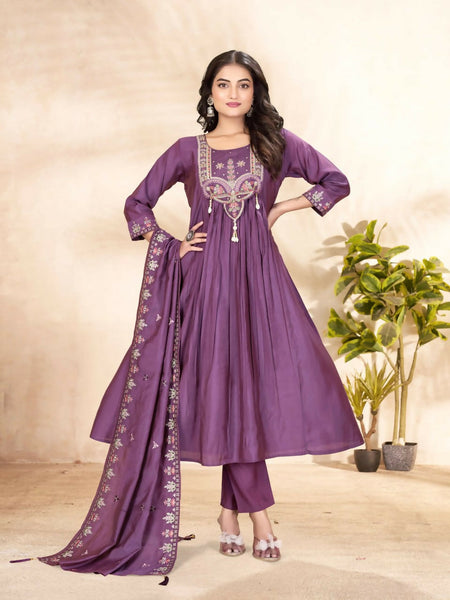 Lehenga Mart Designer Anarkali Suit With Kurta, Pant, Dupatta For Women-Purple