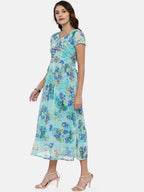 Souchii Sea Green & Blue Floral Printed A-Line Dress - Distacart