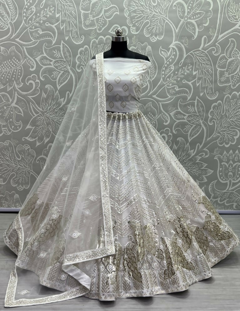 Jyoti Fashion Women's White Bridal Net Fancy Foil & Sequins with Multi Thread Embroidered Wedding Lehenga Choli