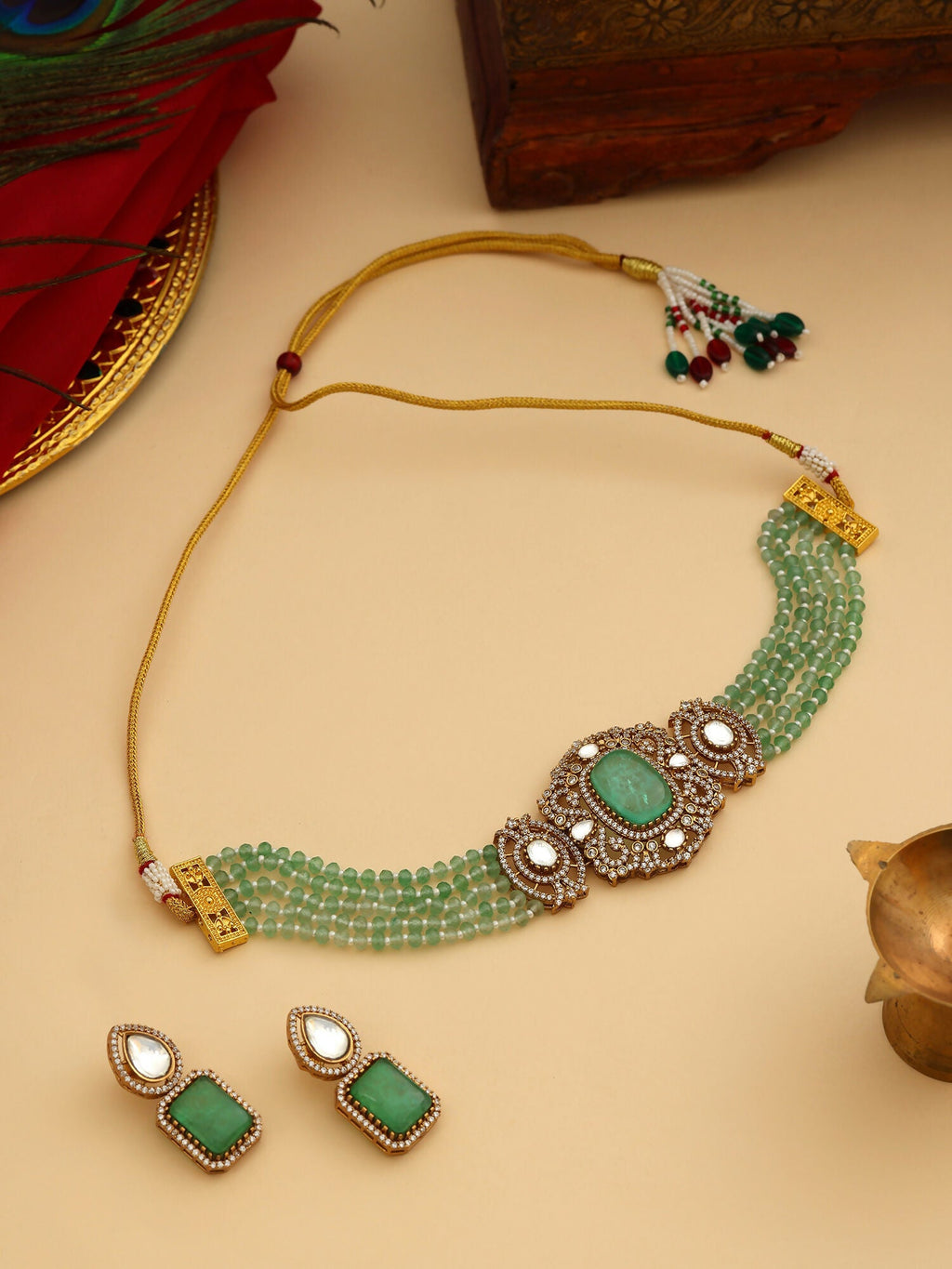 Ruby Raang 22k Gold Polished Green Stone And Moissanite Necklace With Matching Earrings