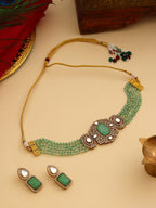 Ruby Raang 22k Gold Polished Green Stone And Moissanite Necklace With Matching Earrings
