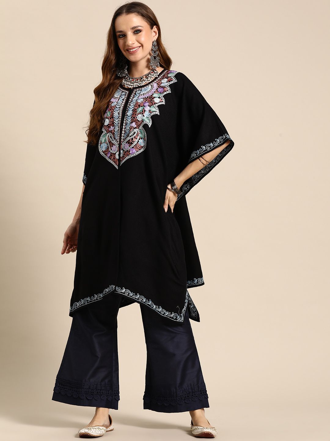 Sangria Women Floral Yoke Design Flared Sleeves Jacquard Kaftan Kurta