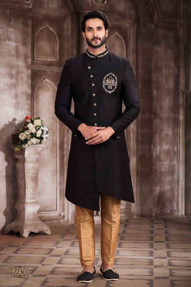 Raivat Ethnic Art Silk Embroidery Work Sherwani In Black Colour