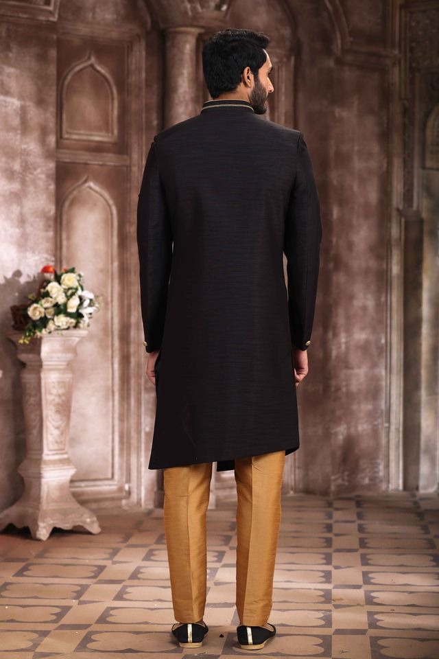 Raivat Ethnic Art Silk Embroidery Work Sherwani In Black Colour