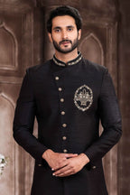 Raivat Ethnic Art Silk Embroidery Work Sherwani In Black Colour