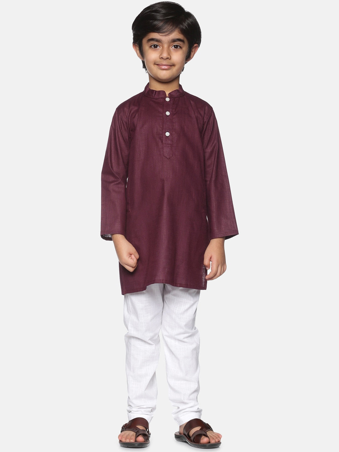 Sethukrishna Boys Burgundy Pure Cotton Kurta with Churidar