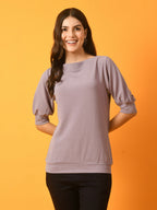 Myshka Women's Lavender Solid Boat Neck Party Top