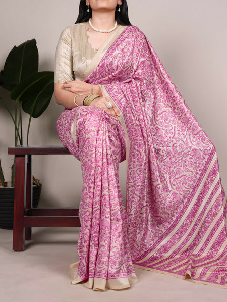 Vastranavya Pink Tussar Silk Printed Saree with Unstitched Blouse