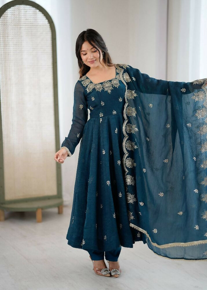 Teeya Creation Morepeach Color Crunchy Silk Embroidery Work Wedding Wear Gown - Distacart