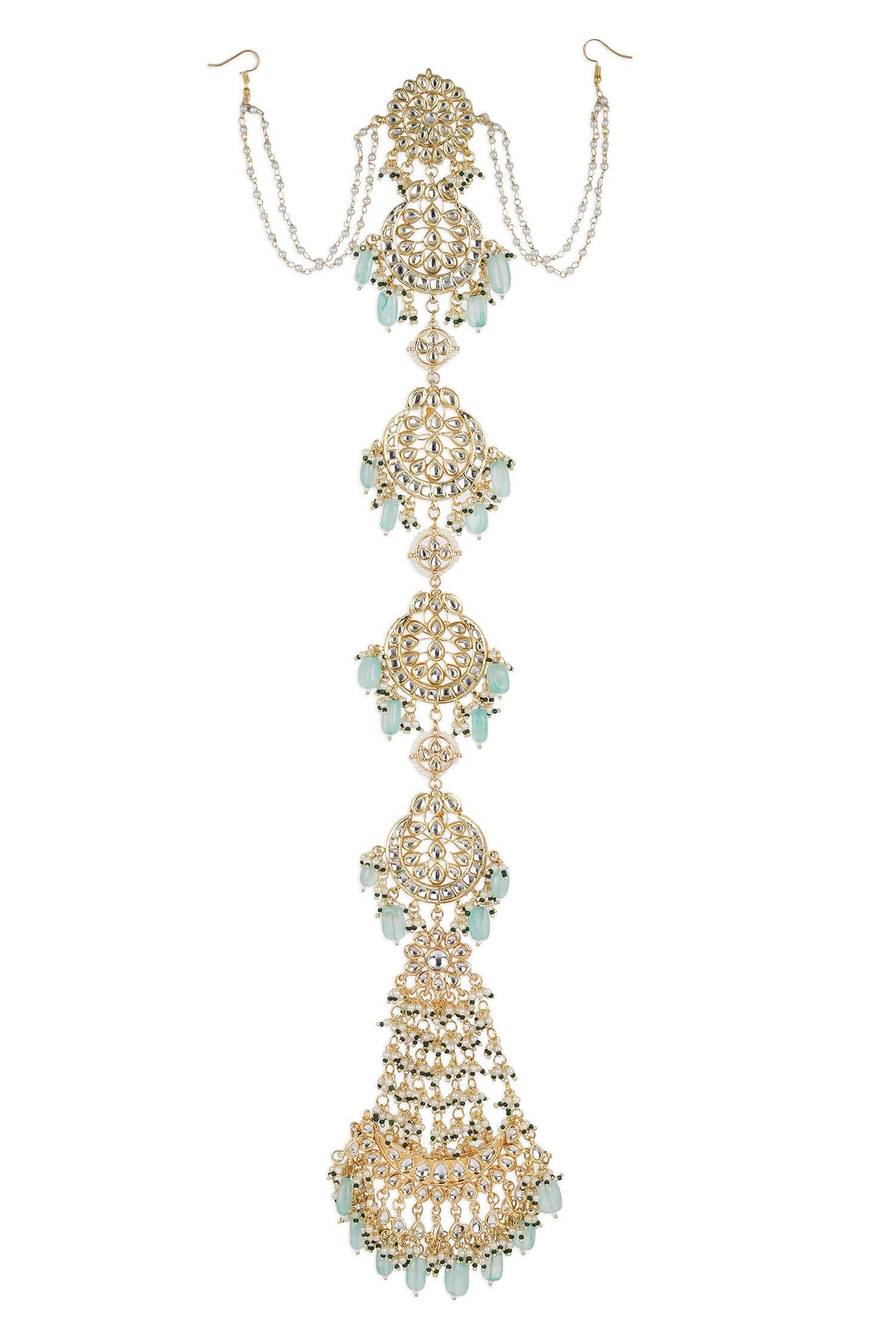 Gold-Plated White Blue Kundan-Studded Pearl Beaded Matha Patti - Ruby Raang - Distacart
