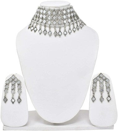 Tehzeeb Creations Women's Silver Colour Oxidised Necklace Set With Mirror Design