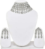 Tehzeeb Creations Women's Silver Colour Oxidised Necklace Set With Mirror Design
