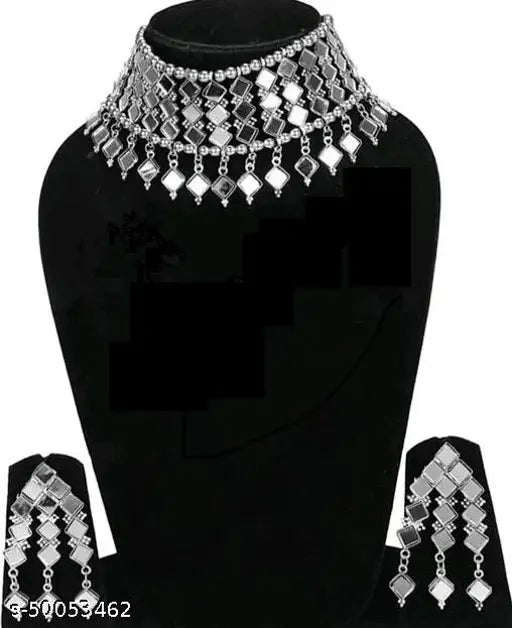 Tehzeeb Creations Women's Silver Colour Oxidised Necklace Set With Mirror Design