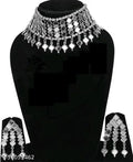 Tehzeeb Creations Women's Silver Colour Oxidised Necklace Set With Mirror Design