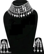Tehzeeb Creations Women's Silver Colour Oxidised Necklace Set With Mirror Design