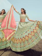 Myra Pista Green Gorgette Embroidered Designer Lehenga Choli