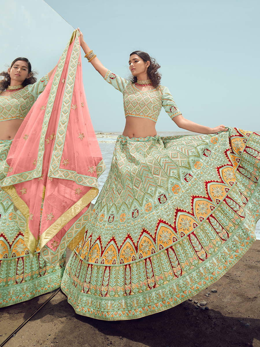 Myra Pista Green Gorgette Embroidered Designer Lehenga Choli
