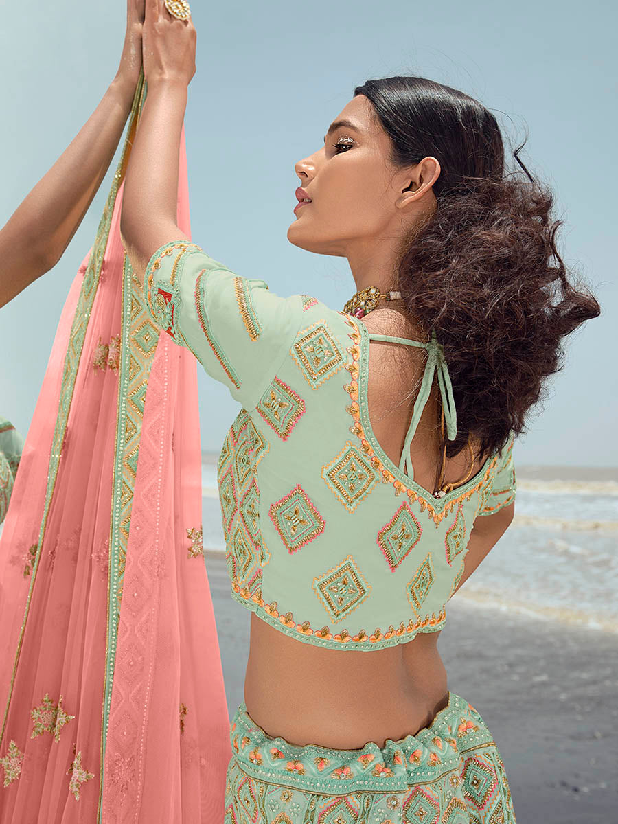 Myra Pista Green Gorgette Embroidered Designer Lehenga Choli