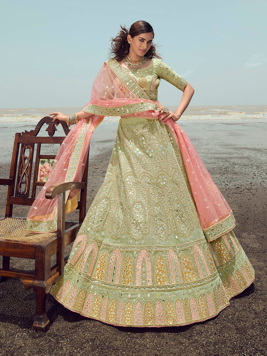 Myra Pista Green Organza Embroidered Designer Lehenga Choli
