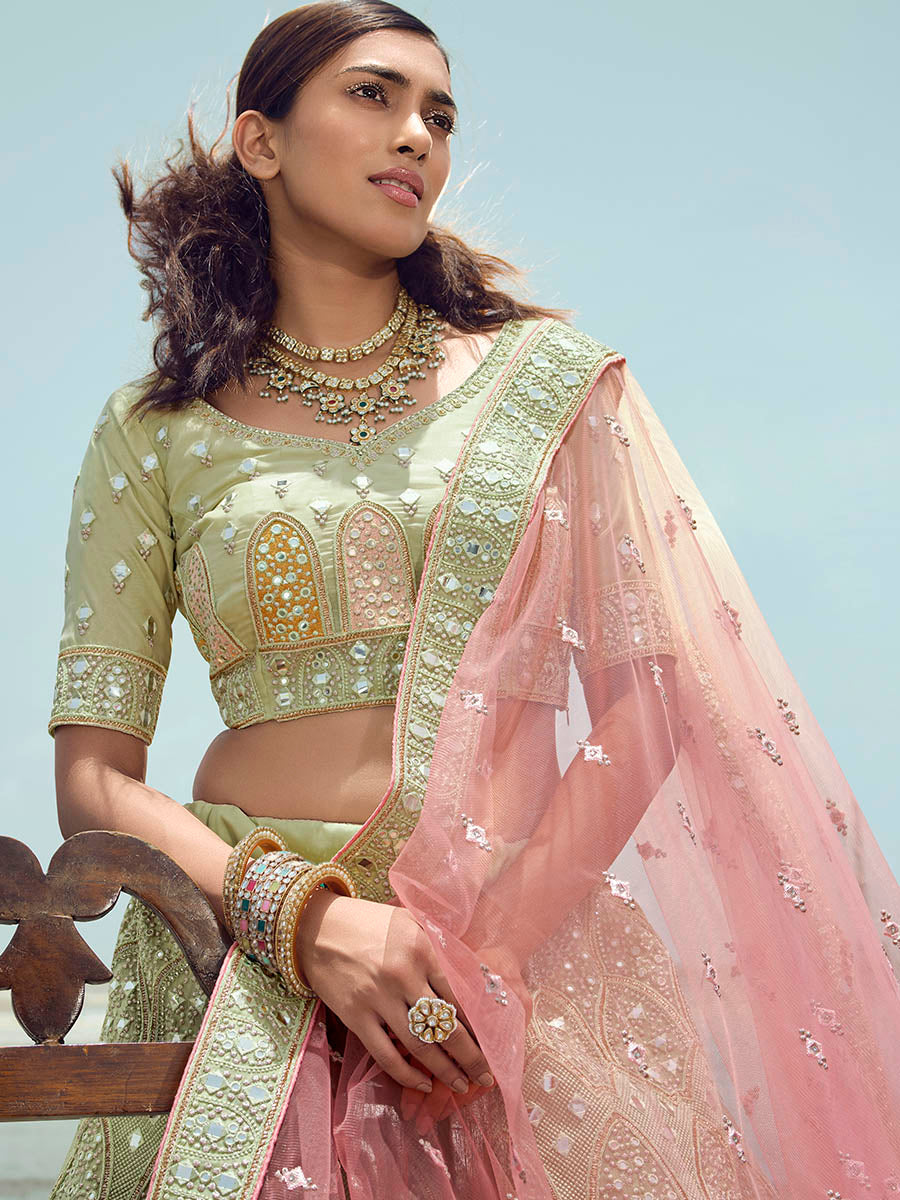 Myra Pista Green Organza Embroidered Designer Lehenga Choli