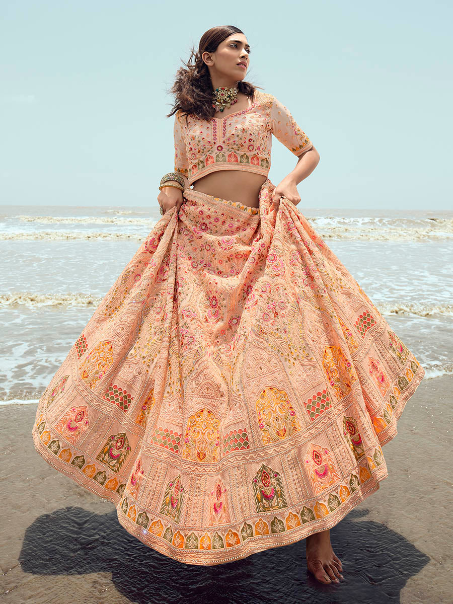 Myra Peach Georgette Embroidered Designer Lehenga Choli