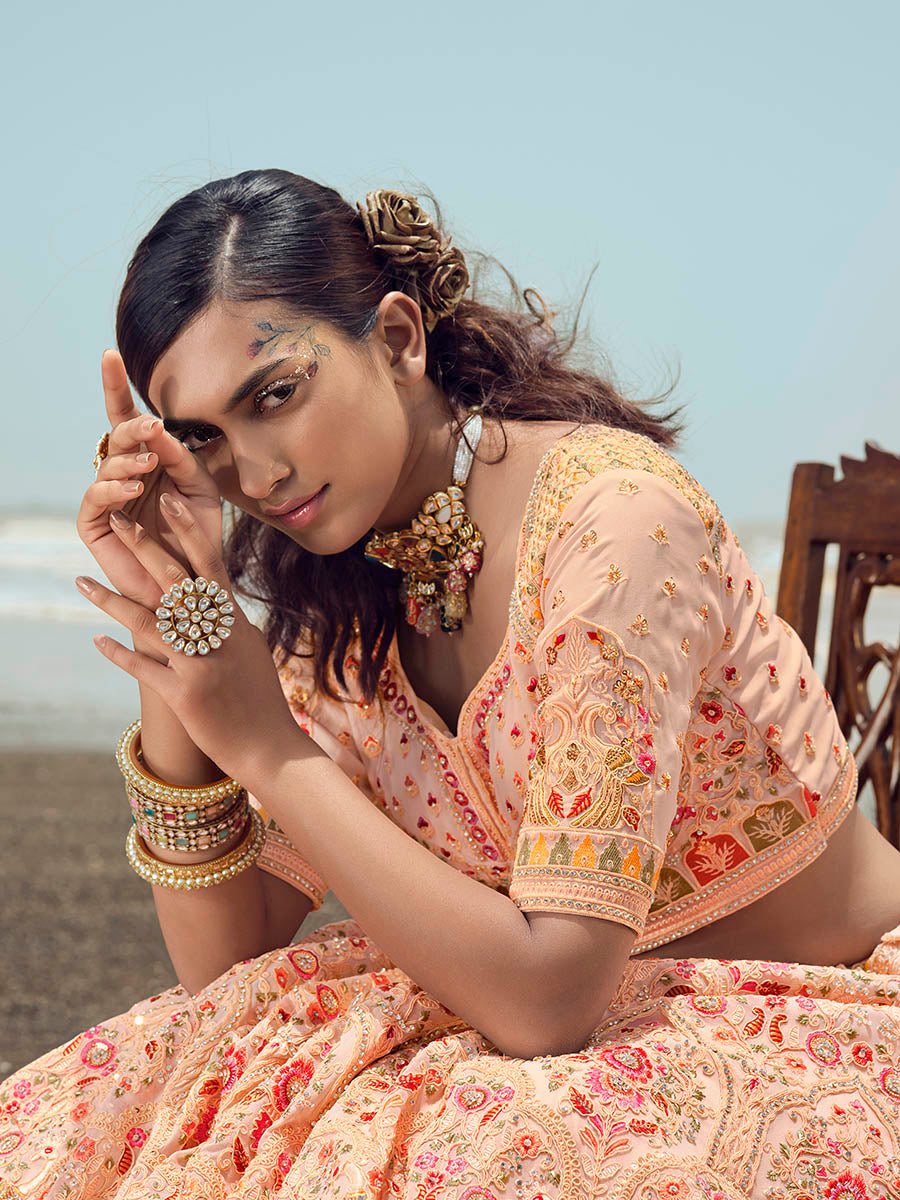 Myra Peach Georgette Embroidered Designer Lehenga Choli