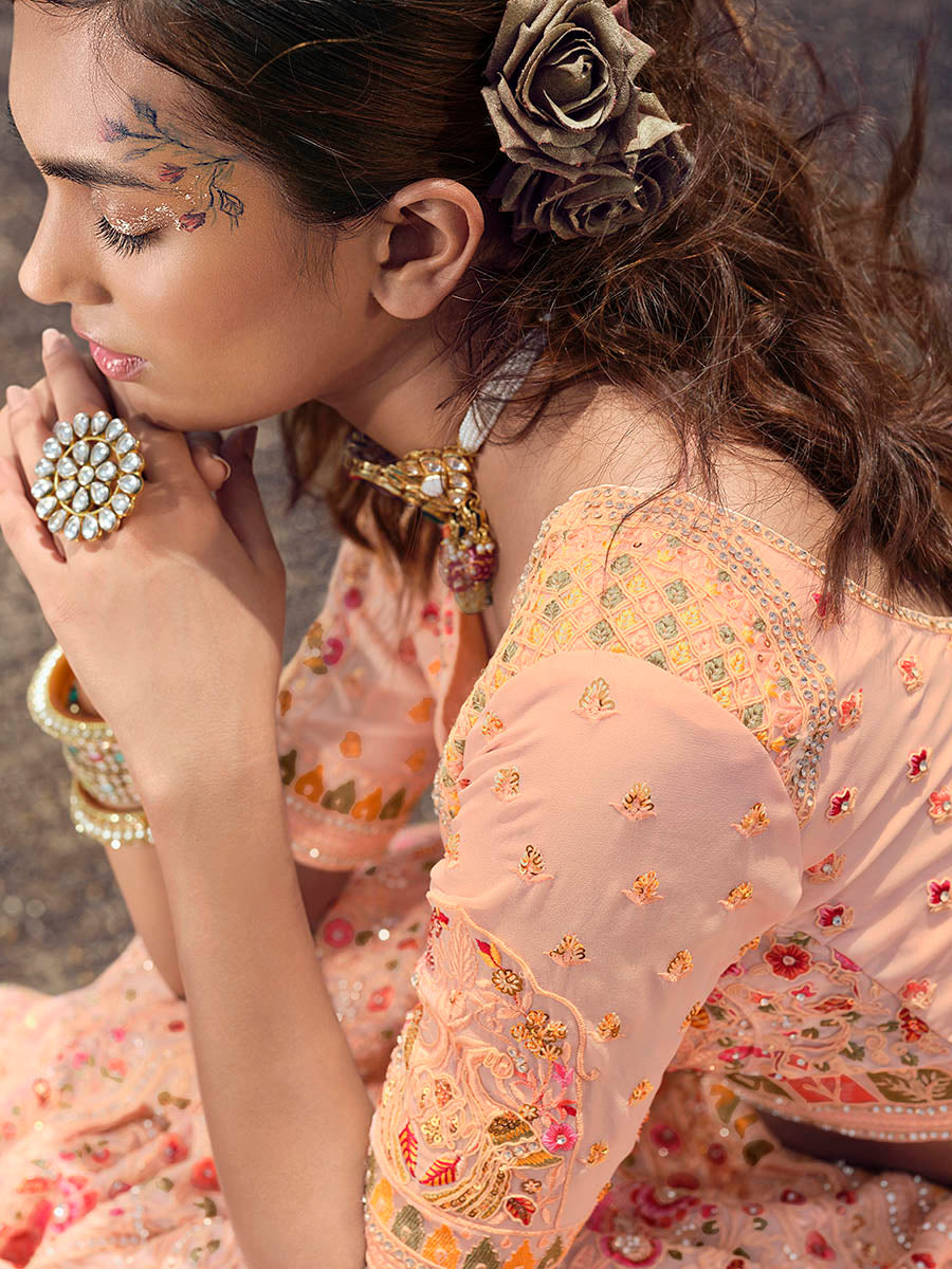 Myra Peach Georgette Embroidered Designer Lehenga Choli