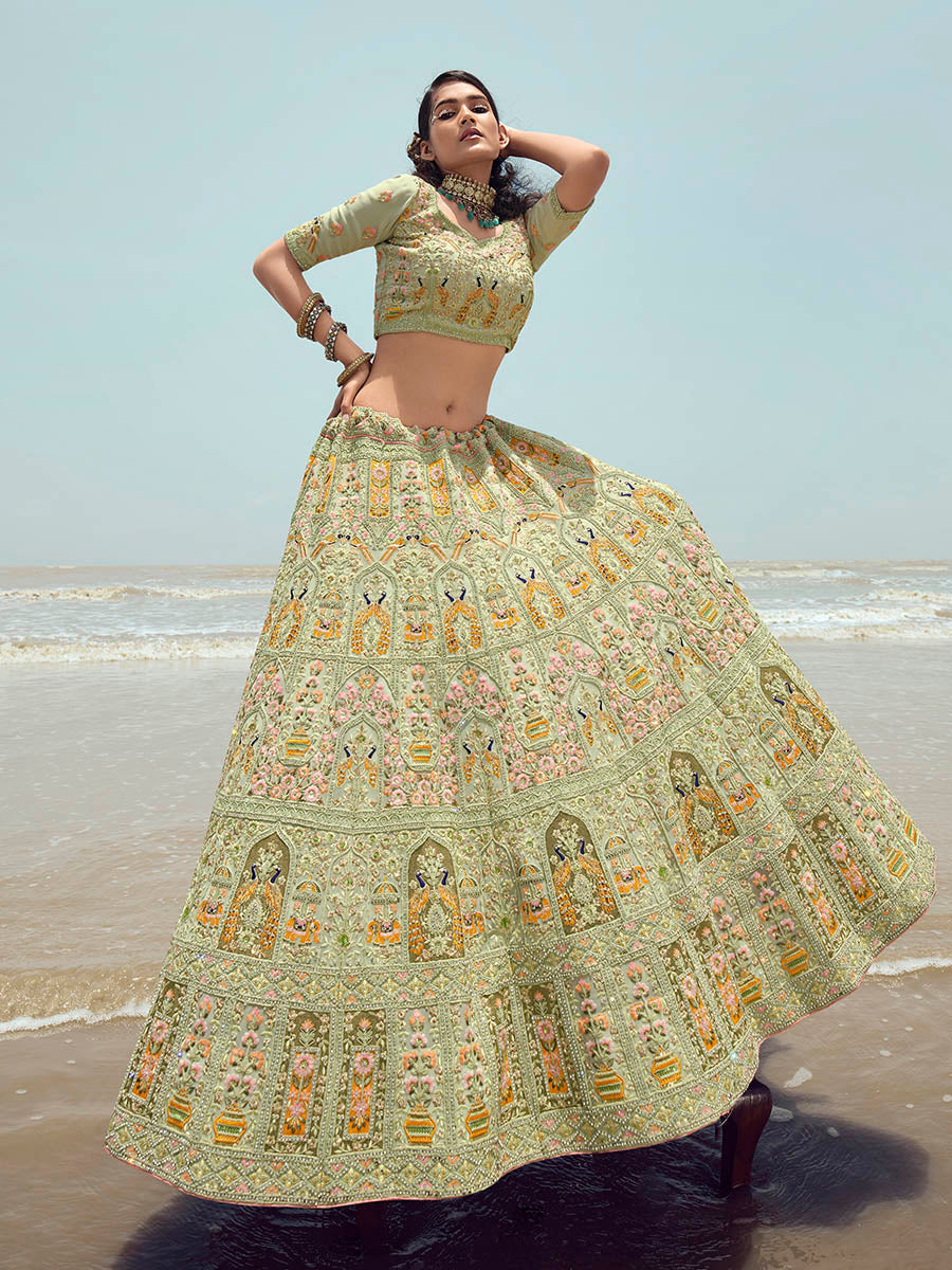 Myra Pista Green Georgette Embroidered Designer Lehenga Choli