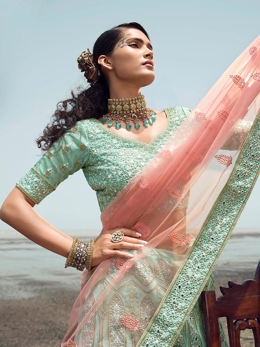 Myra Turquoise Organza Embroidered Designer Lehenga Choli