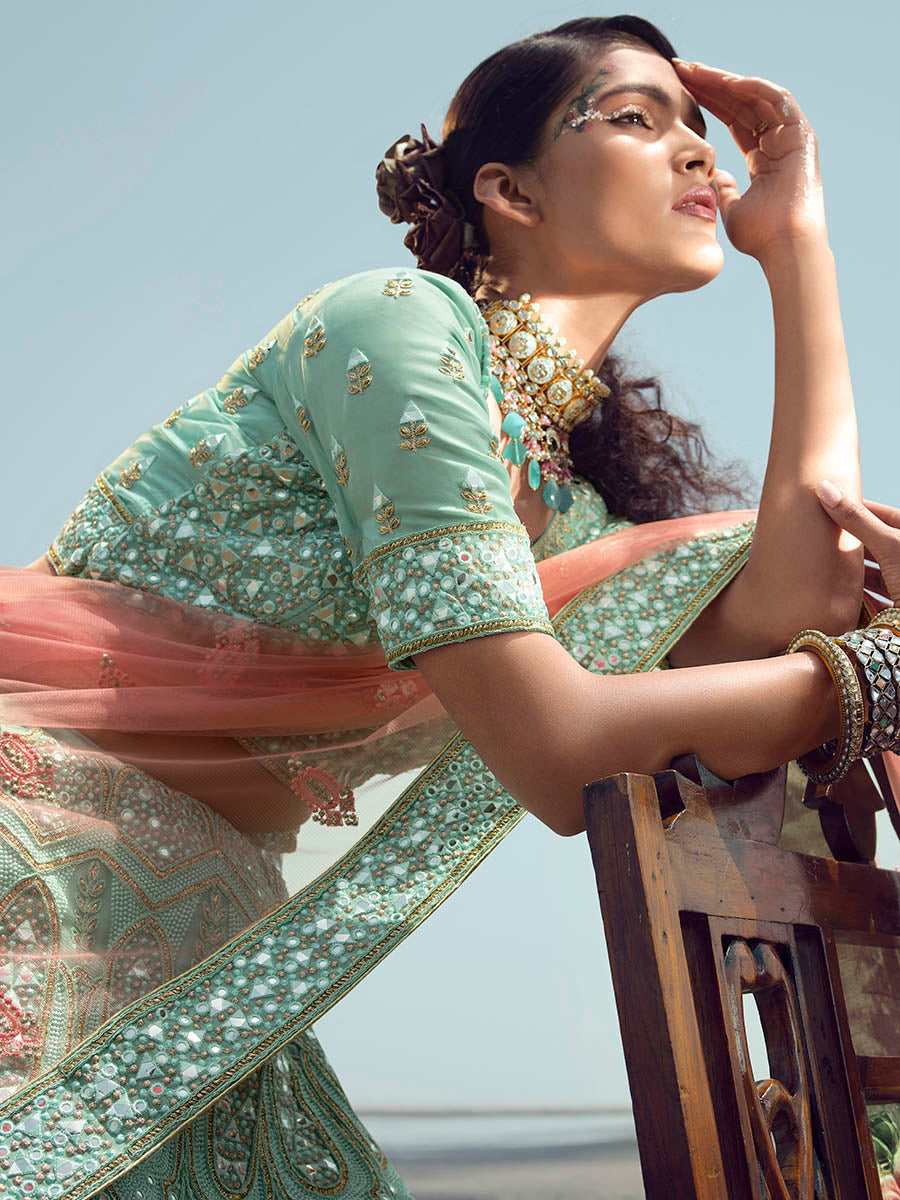 Myra Turquoise Organza Embroidered Designer Lehenga Choli