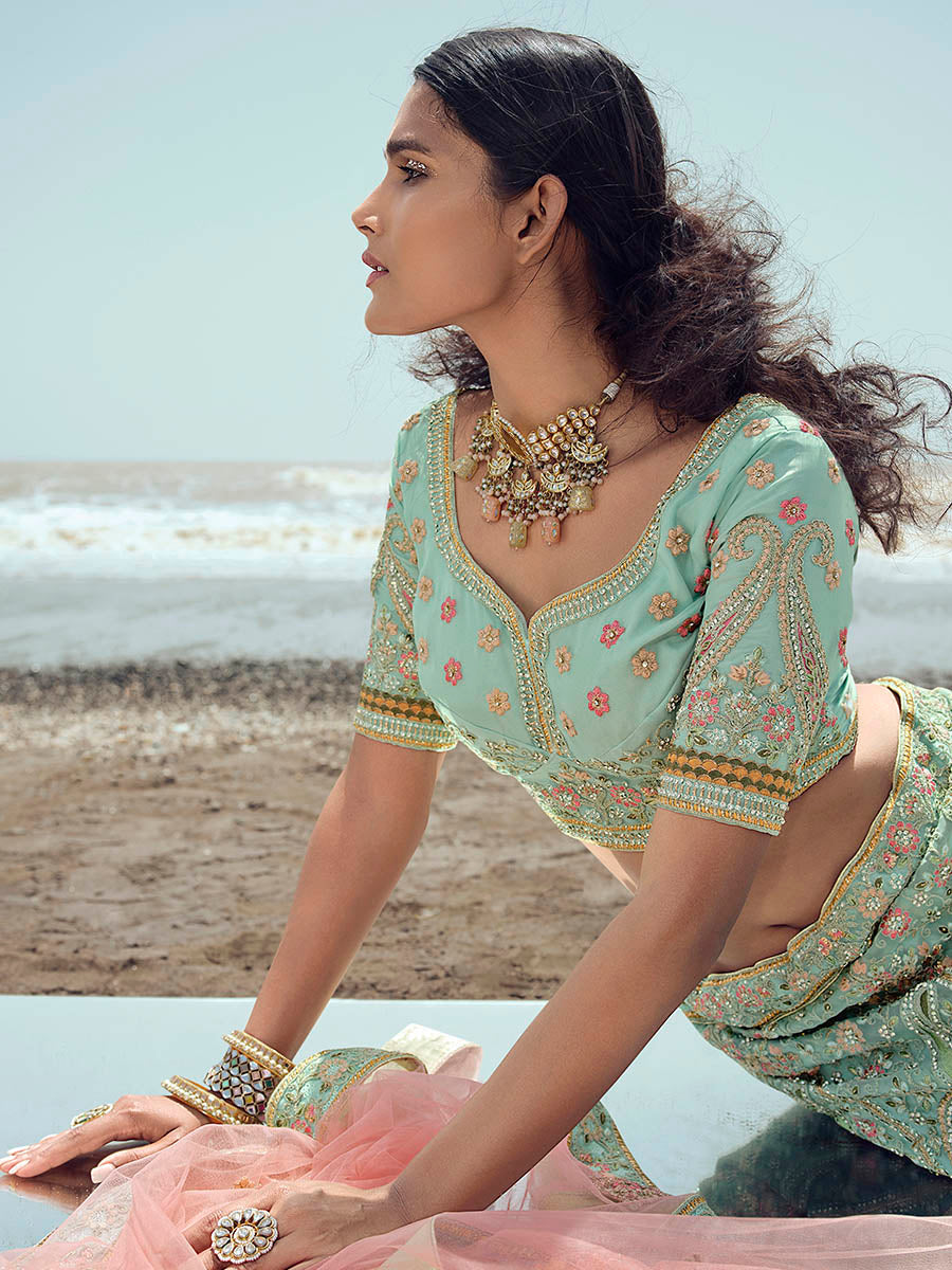 Myra Turquoise Organza Embroidered Designer Lehenga Choli