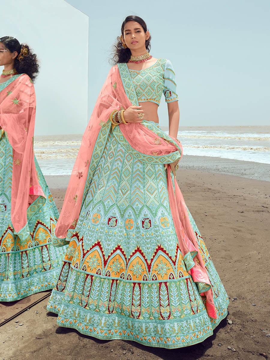 Myra Turquoise Georgette Embroidered Designer Lehenga Choli